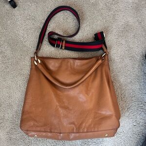 Mark and Graham Build a Bag Camel Leather NO Monogram Red / Navy Strap